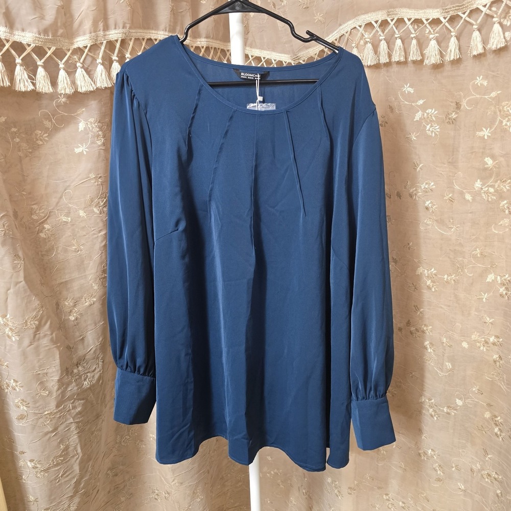 Bloomchic Teal Blue Pleated Neck Long Sleeve Blouse Top Plus Size‎ 22-24 NWT